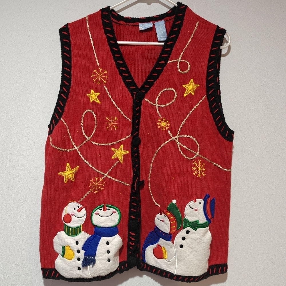 Ugly Christmas Sweater Vest 1X Snowman Frosty Thick Knit Beaded Tinsle